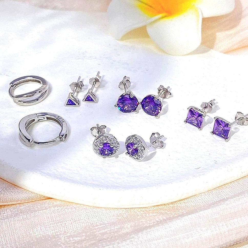 925 February Baby Amethyst Tone Cz 5 Pair Earring Set 50$